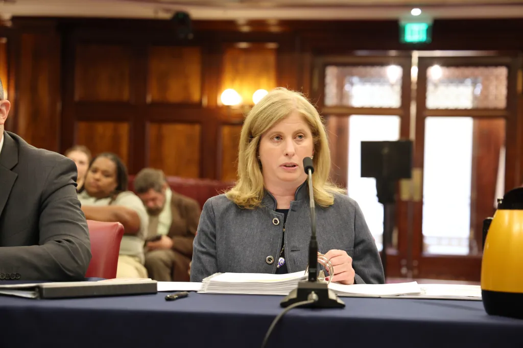 NYPD Commissioner Jessica Tisch speaking at a City Council budget hearing.