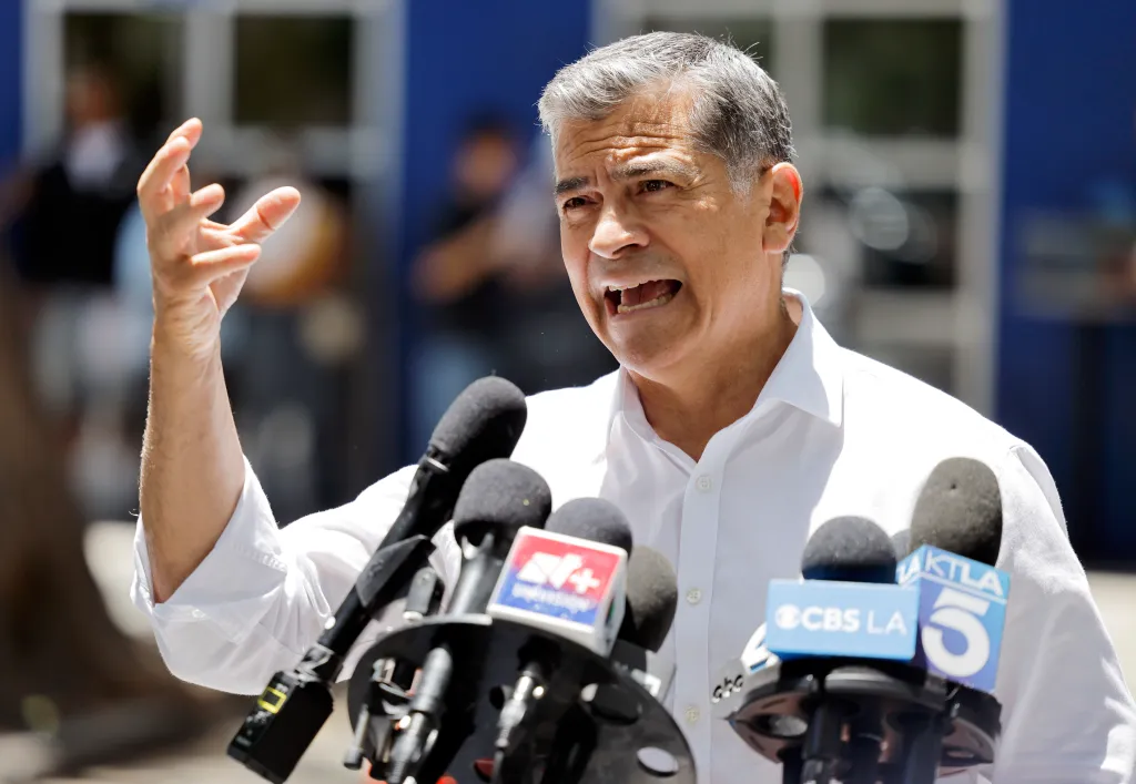 Democratic Gubernatorial candidate Xavier Becerra speaking to the media.