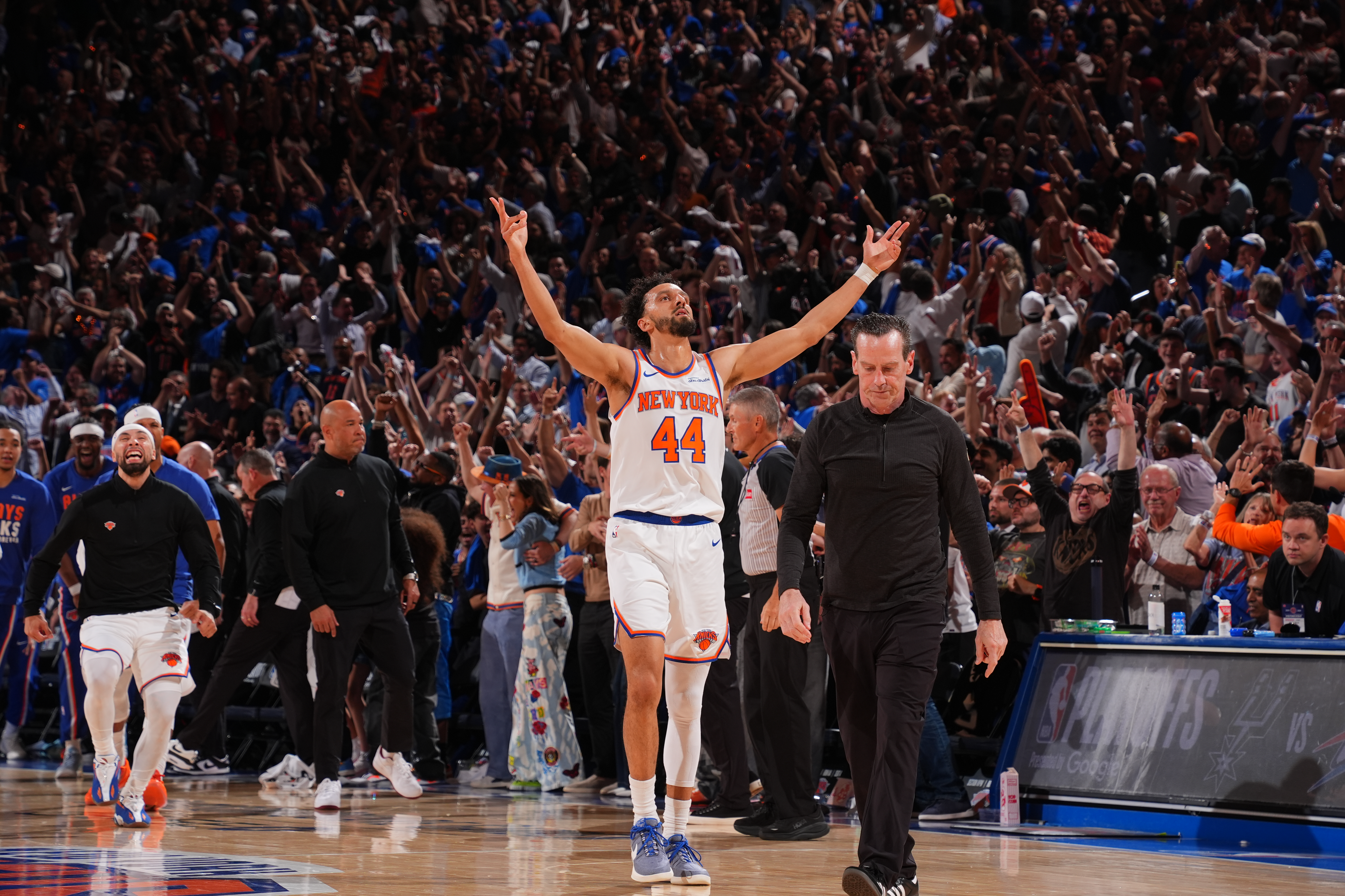 Landry Shamet #44 of the New York Knicks celebrates during Game One of the NBA Eastern Conference Finals.