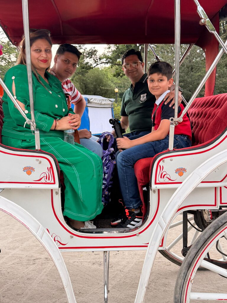 Family of four in a Central Park horse carriage.