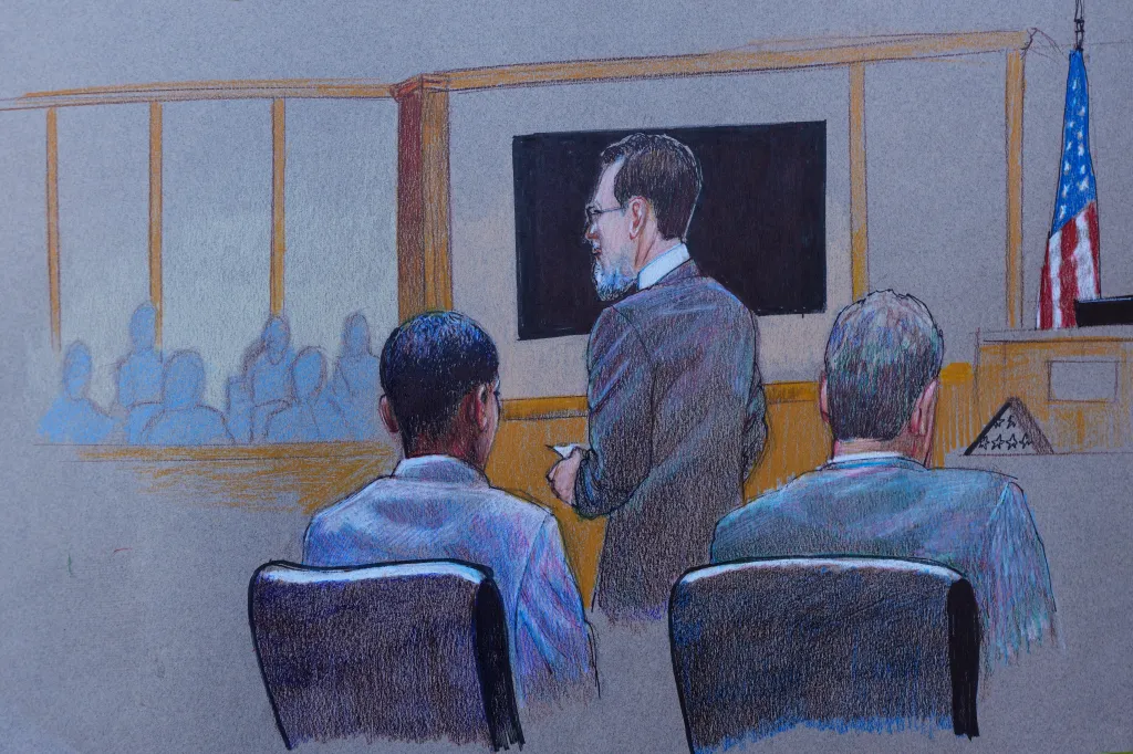 Illustration of defense attorney Mike Hward and Karmelo Anthony in a courtroom during opening arguments.