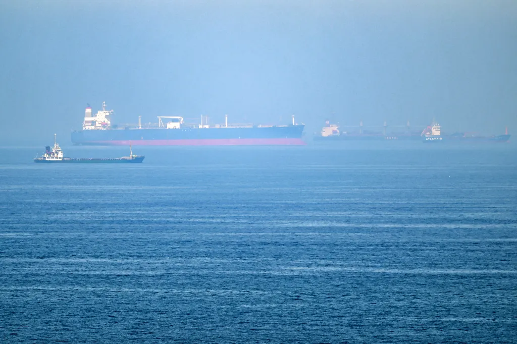 Cargo ships sit in the Gulf of Oman near the Strait of Hormuz on June 19, 2026.