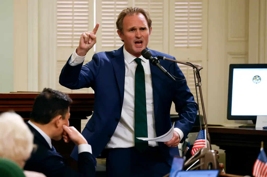 Republican Assembly member James Gallagher speaks during a meeting of the California State Assembly at the California State Capitol on August 21, 2025 in Sacramento, California.