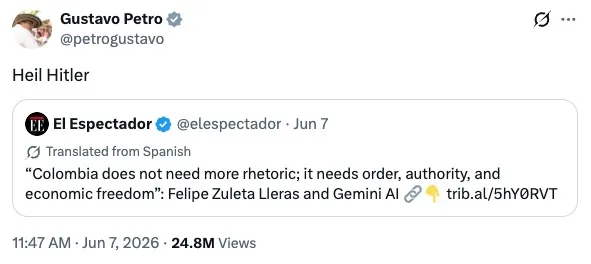 A screenshot of a Twitter post by Gustavo Petro saying 