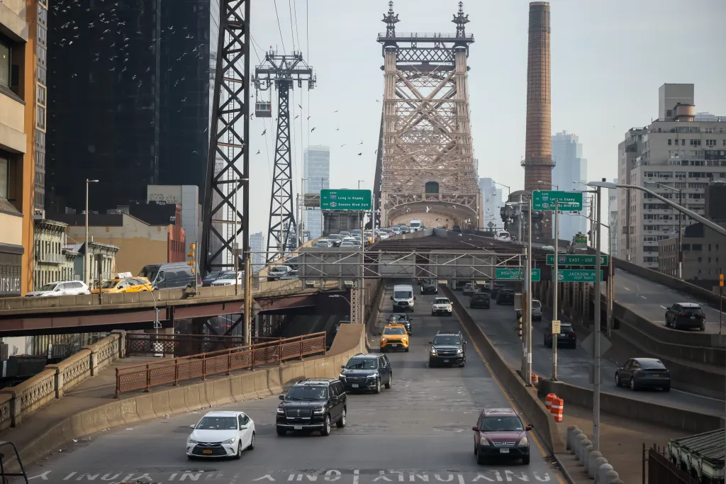 Traffic flows on the Ed Koch Queensboro Bridge in New York City.