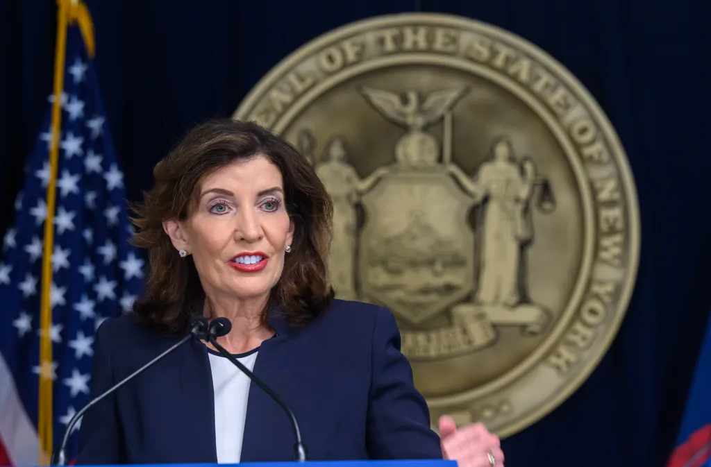 Governor Kathy Hochul at a press conference regarding a lawsuit against the Trump administration.