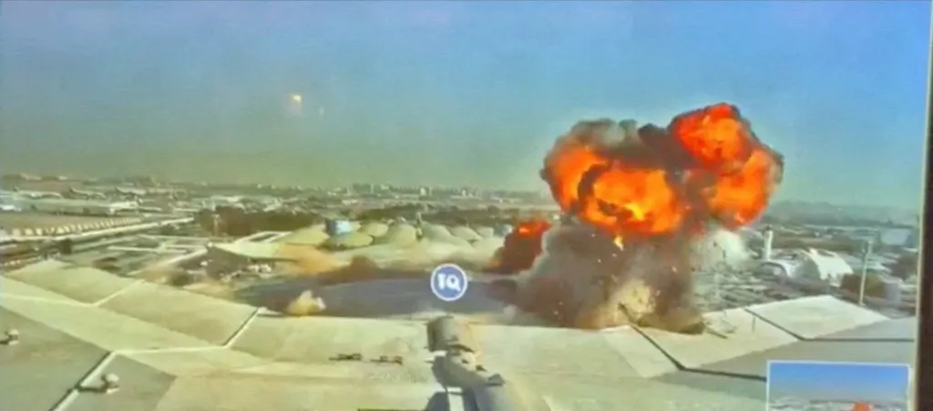 CCTV footage shows a large fire and smoke rising from Kuwait International Airport after a strike.