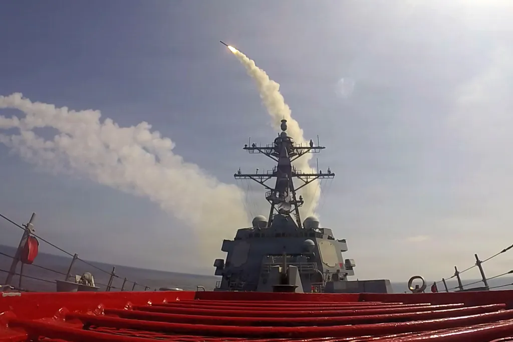 USS Frank E. Petersen Jr. firing a Tomahawk missile.