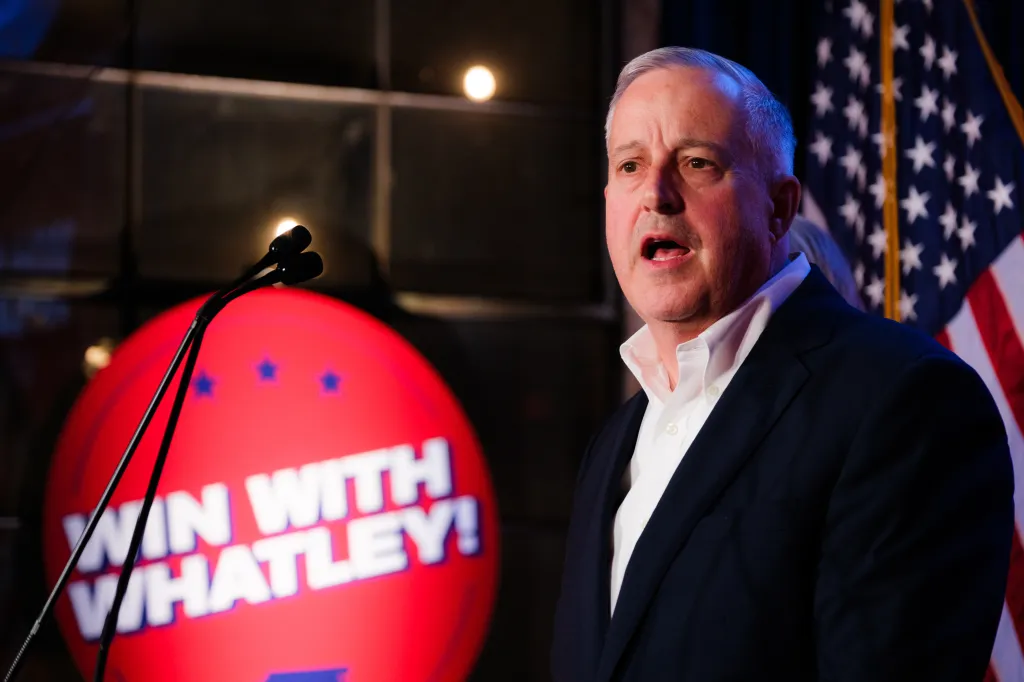 Michael Whatley speaking at a campaign event for the 2026 US Senate race in North Carolina.