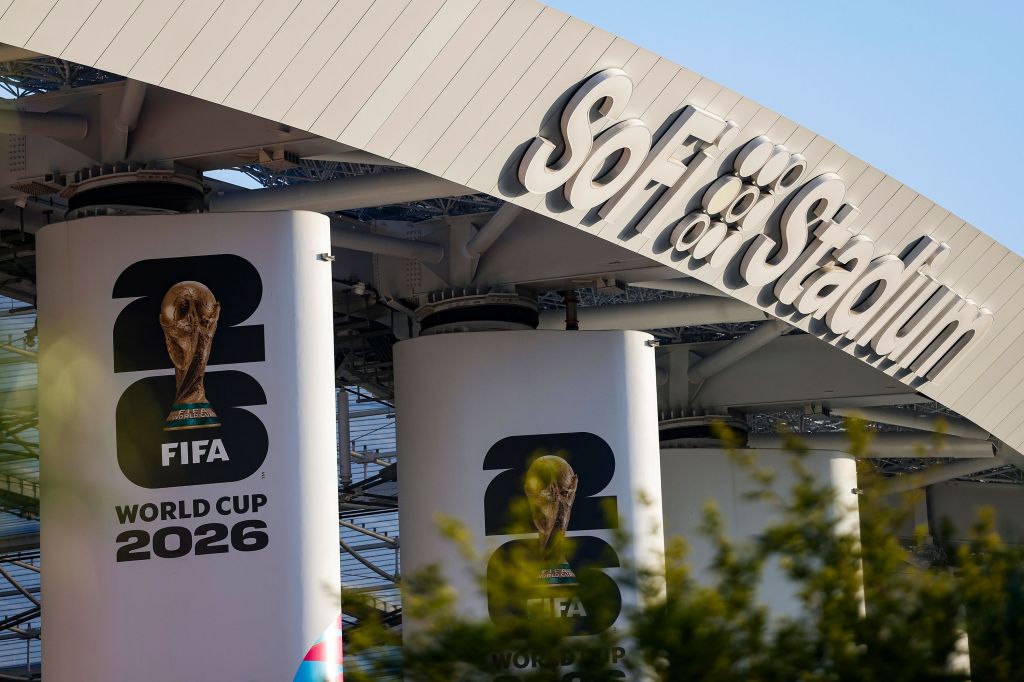 FIFA World Cup 2026 signage displayed outside SoFi Stadium.