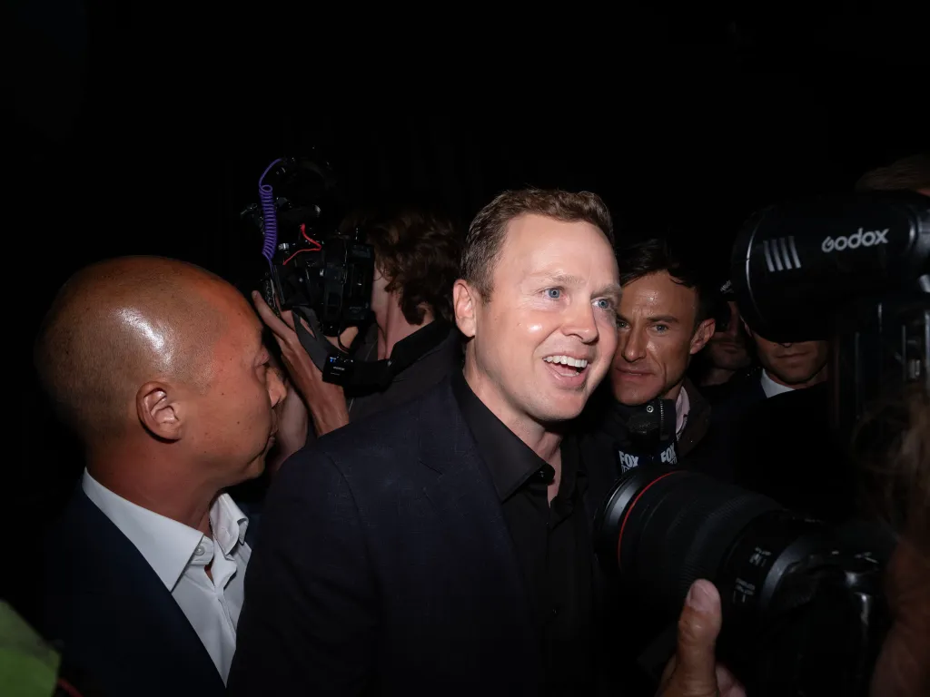 Spencer Pratt speaking at his Los Angeles mayoral watch party.