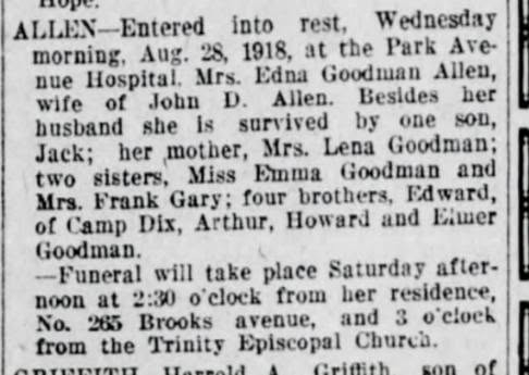Obituary for Mrs. Edna Goodman Allen published in a newspaper on August 28, 1918.