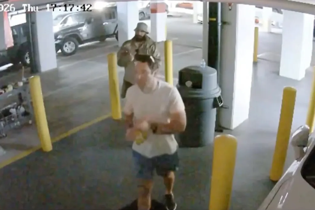 Surveillance footage of Corey Hutterli and Justin Zelin entering the Akoya Condominium on Feb. 12, 2026.