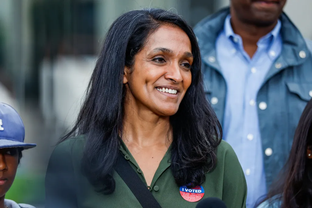 Los Angeles mayoral candidate Nithya Raman smiles, wearing an 