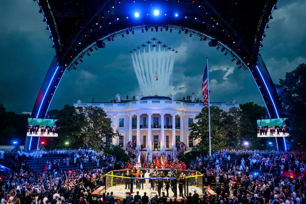 U.S. Air Force Thunderbirds and Navy Blue Angels perform a flyover of the Octagon fighting ring and White House at the Ultimate Fighting Championship Freedom 250 event.