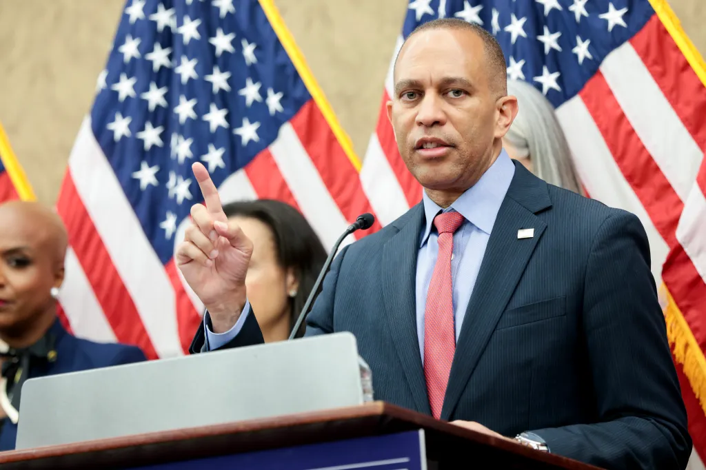 House Minority Leader Hakeem Jeffries speaks at a news conference on Capitol Hill.