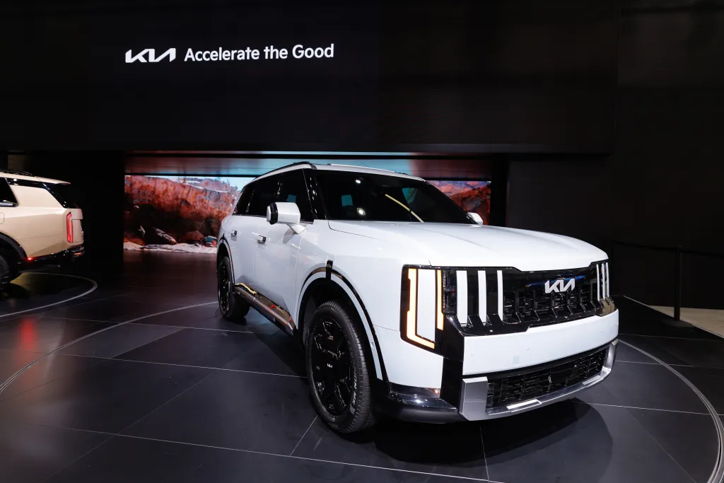White 2027 Kia Telluride on display at the Los Angeles Auto Show.