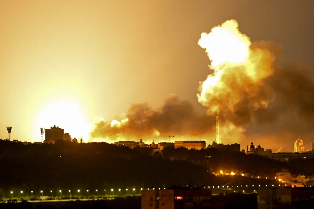 This photograph shows an explosion during drone and missile attacks in Kyiv on June 2, 2026, amid the Russian invasion in Ukraine.