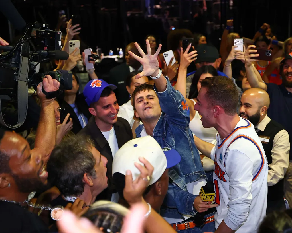 Timothee Chalamet celebrates after Game Four of the 2026 NBA Finals between the San Antonio Spurs and the New York Knicks on June 10, 2026 at Madison Square Garden in New York, New York.
