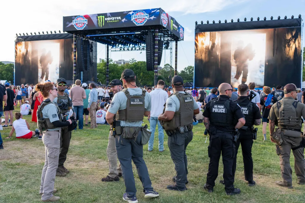 United States Park Police officers and U.S. Marshals providing security at the Freedom 250 fan festival.