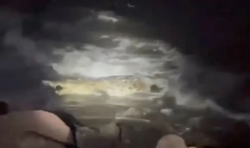A man in dark clothing being pulled by a crocodile in dark, churning water at night.