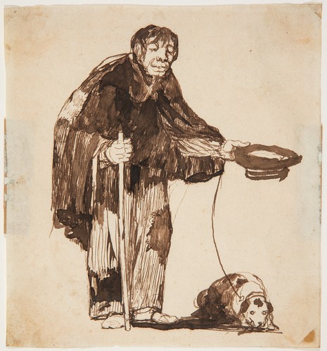 sepia-toned ink sketch of man dressed in rags with walking stick in one hand and the other holding out a hat, with a leashed dog lying at his feet