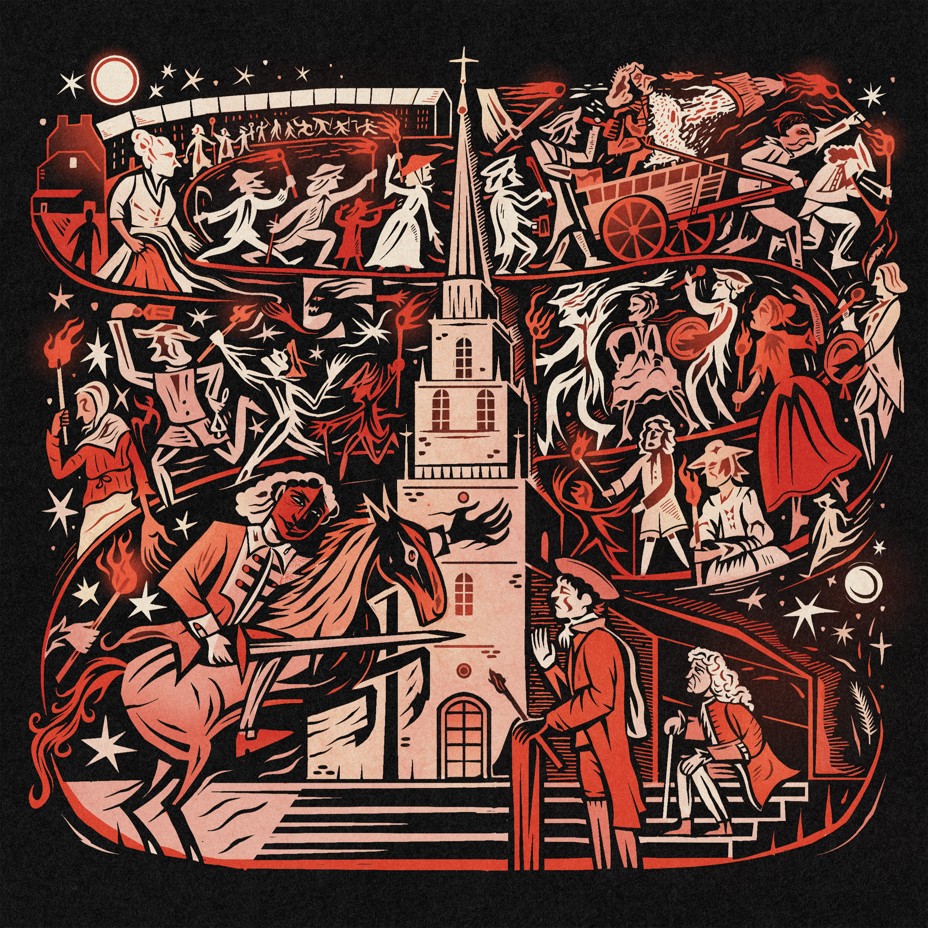 illustration with chaotic swirl of ghoulish characters around Old North Church–like building with person on rearing horse threatening man in colonial dress