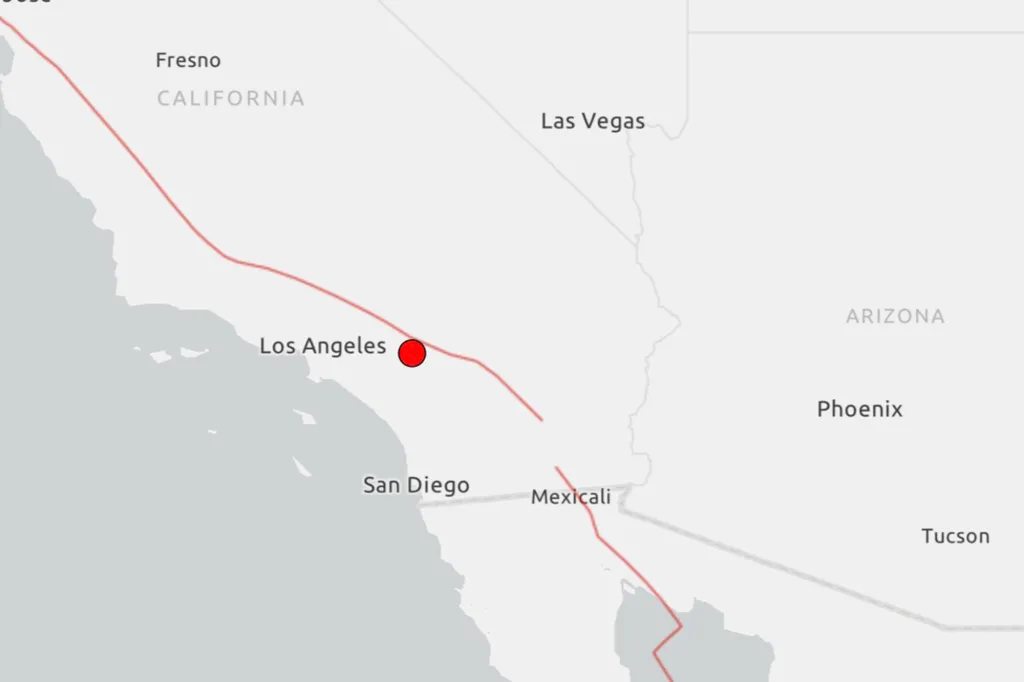 Illustration of a map of the Western United States and Mexico showing the earthquake epicenter near Los Angeles.