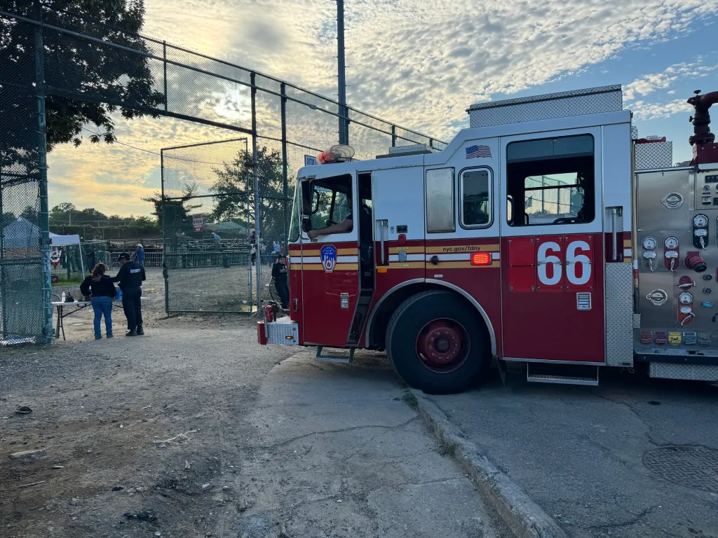 A fire truck from Engine 66 parked outside Astor Little League during a Rodeo Tierra Caliente competition.