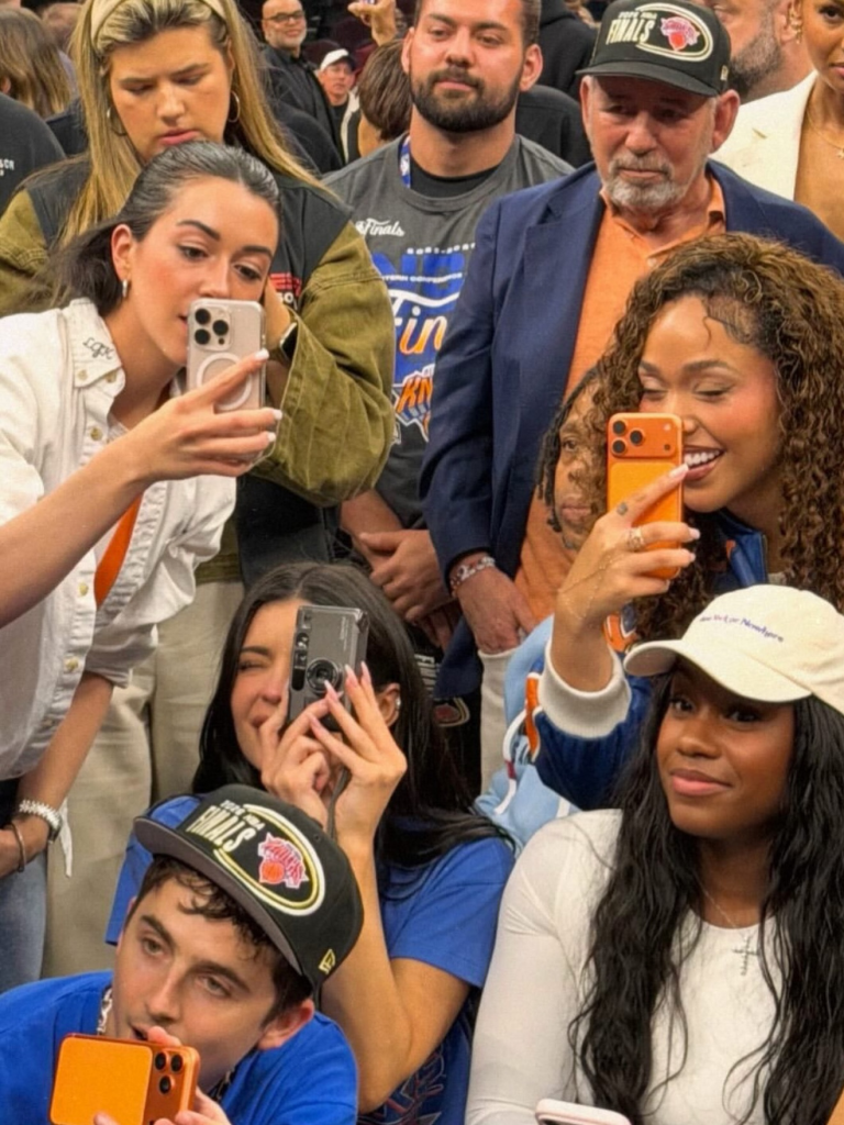 A group of people, including Jordyn Woods and Timothée Chalamet, watching a basketball game and taking photos.