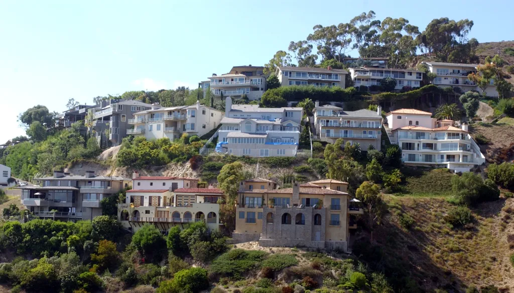 Emerald Bay residences built into a hillside surrounded by Laguna Beach.