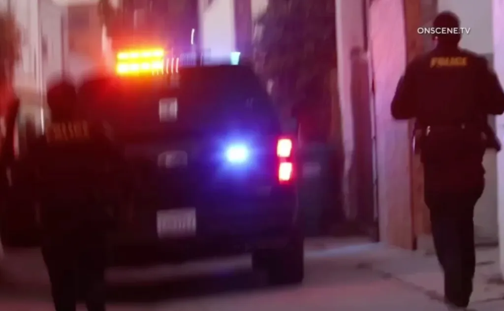 Police officers and a police vehicle with flashing lights responding to a call.