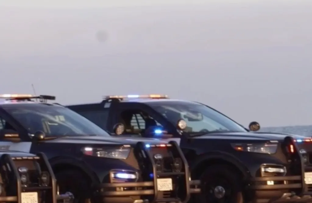 Three police vehicles with lights flashing in Long Beach.