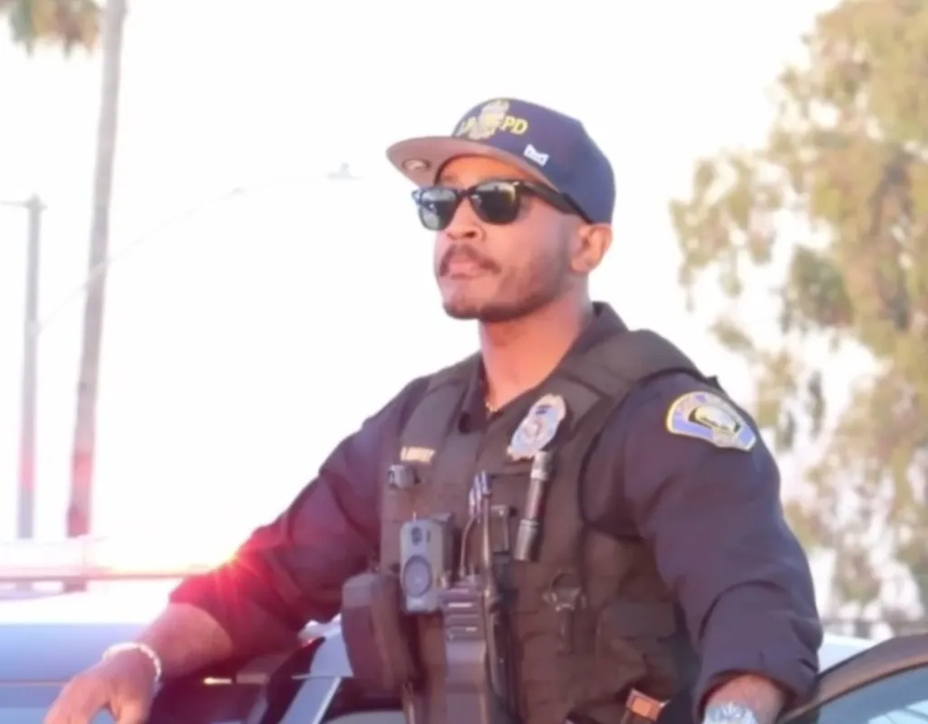 Long Beach police officer wearing a hat and sunglasses, leaning on a vehicle.