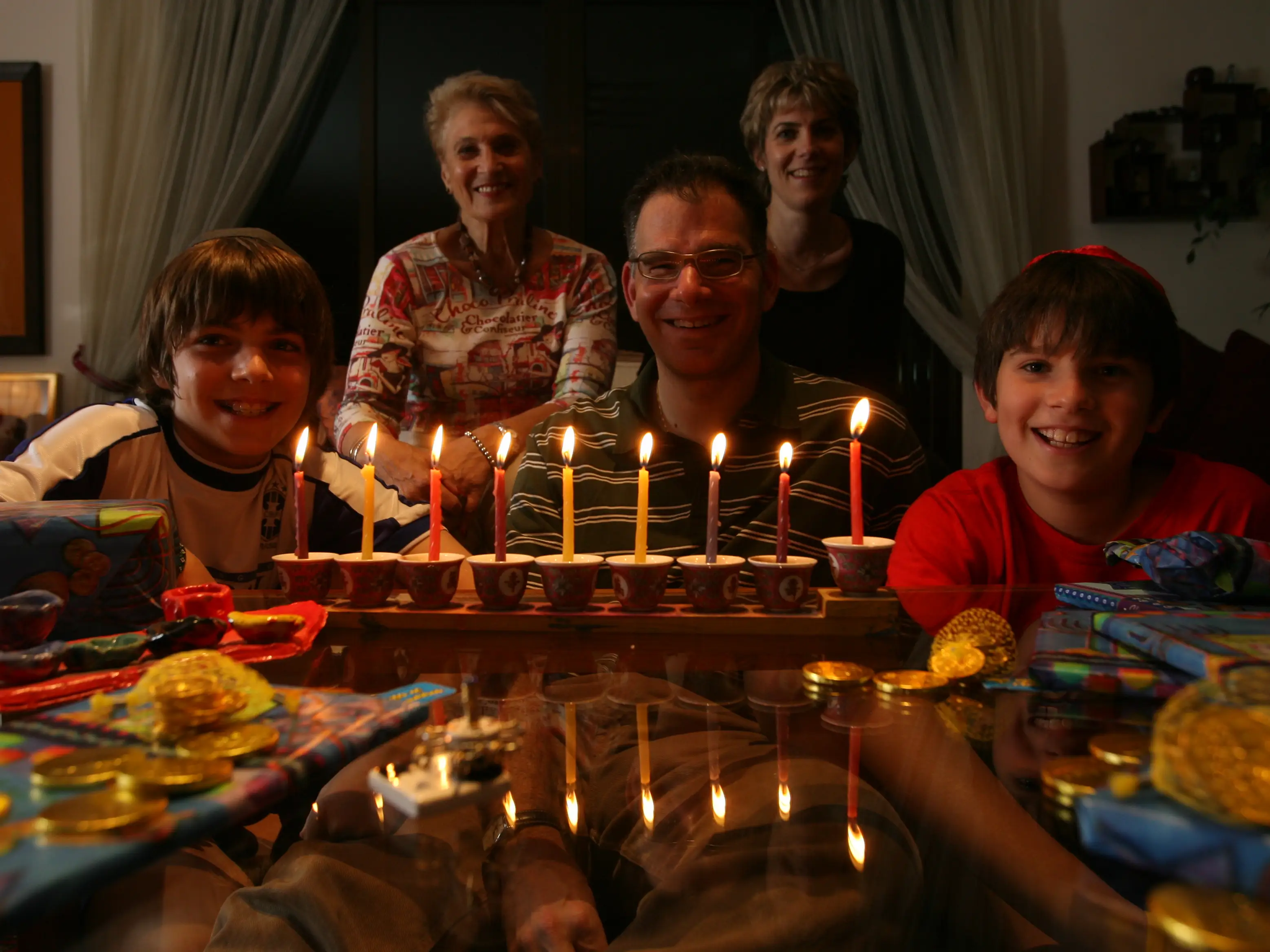 A Jewish family celebrating Hanukkah.