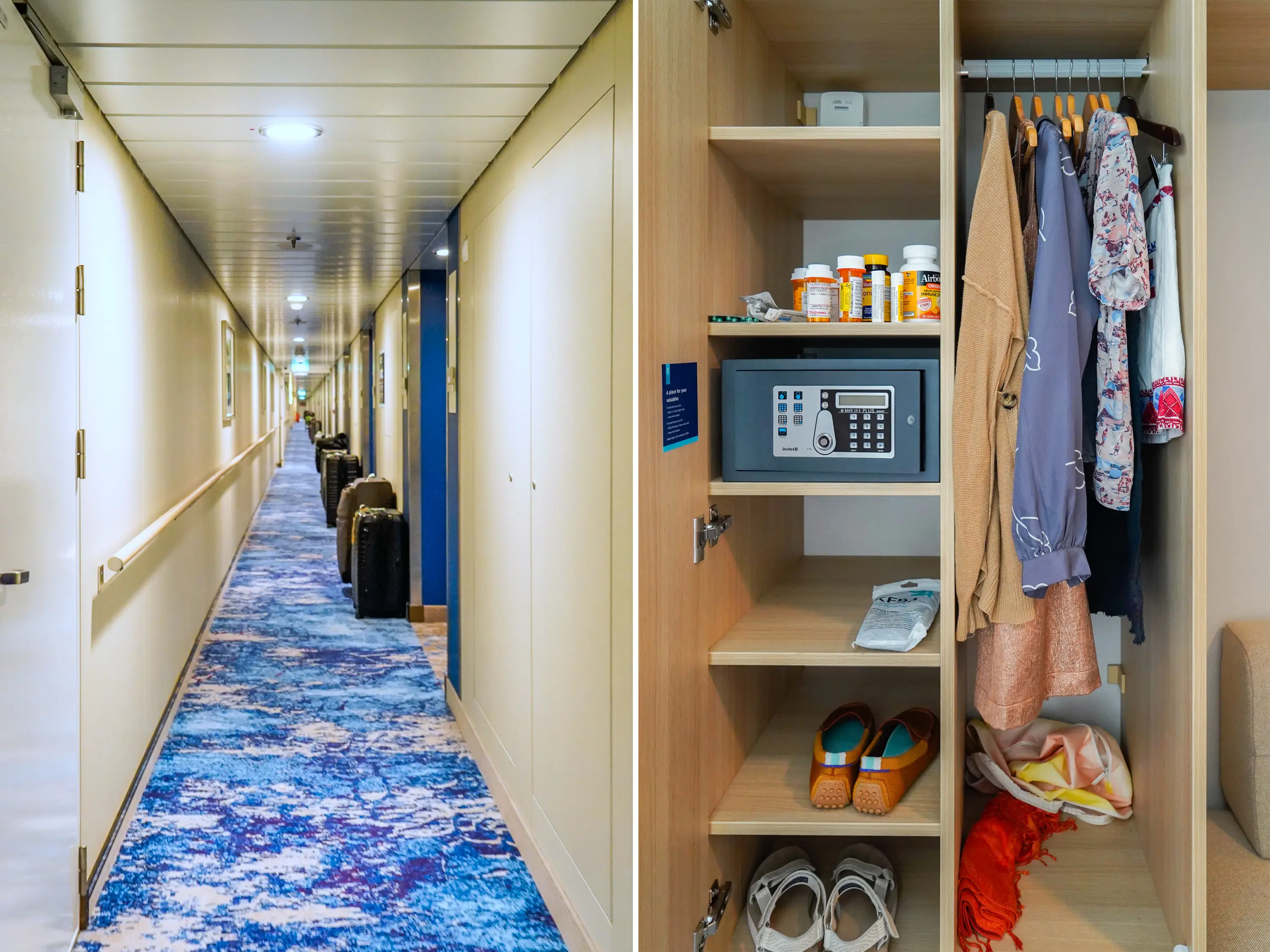 A composite image of suitcases outside staterooms on a cruise ship and a full closet inside a cabin