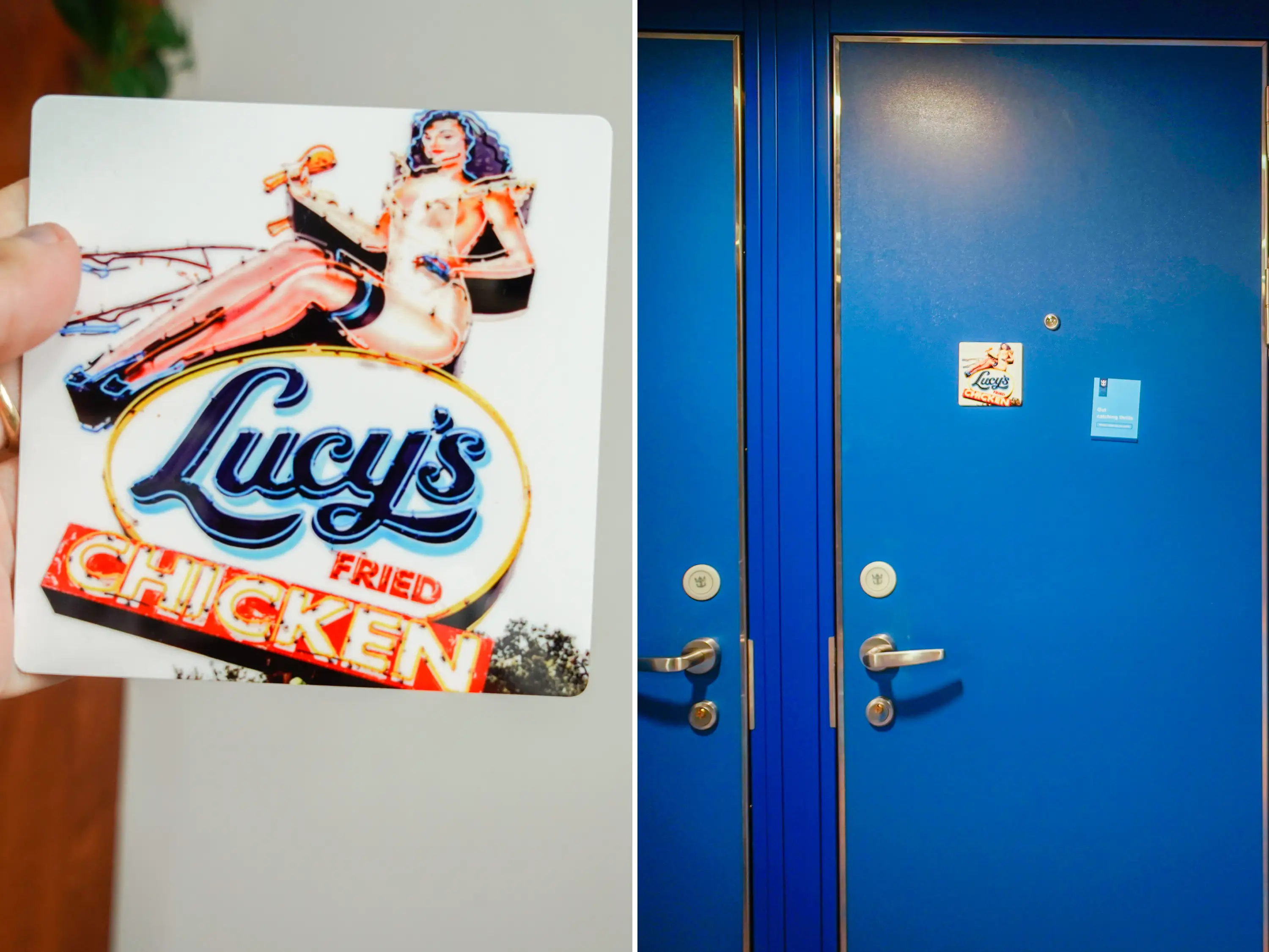 A composite image of a magnet that has a picture of a sign for a restaurant called 