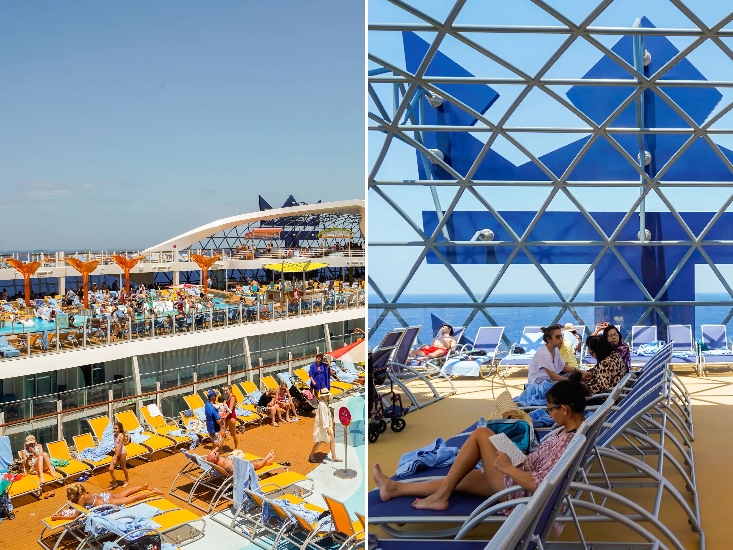 Side-by-side photos of packed pool chairs on the top deck of a cruise ship
