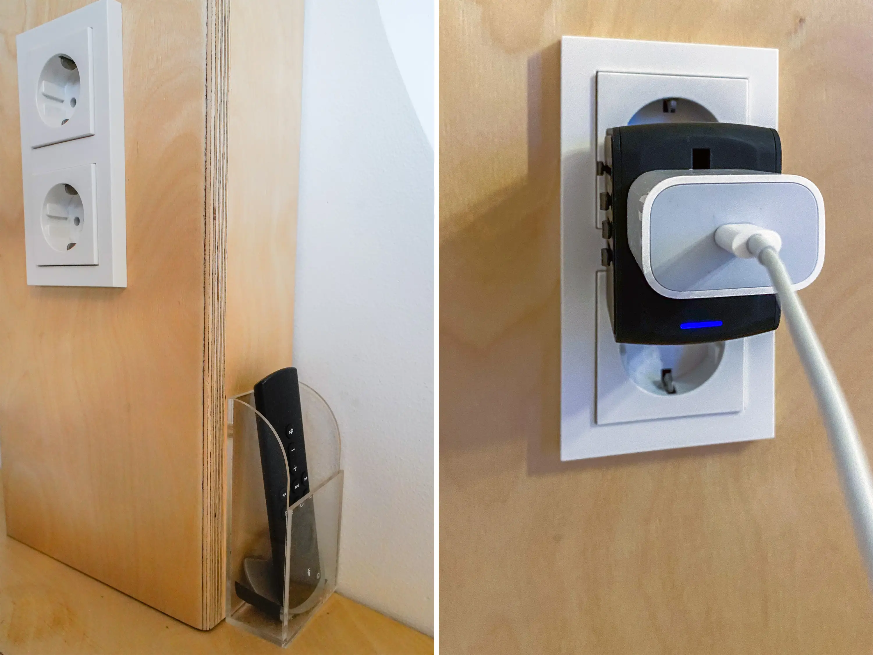 A composite image of outlets by the bed in the tiny home.