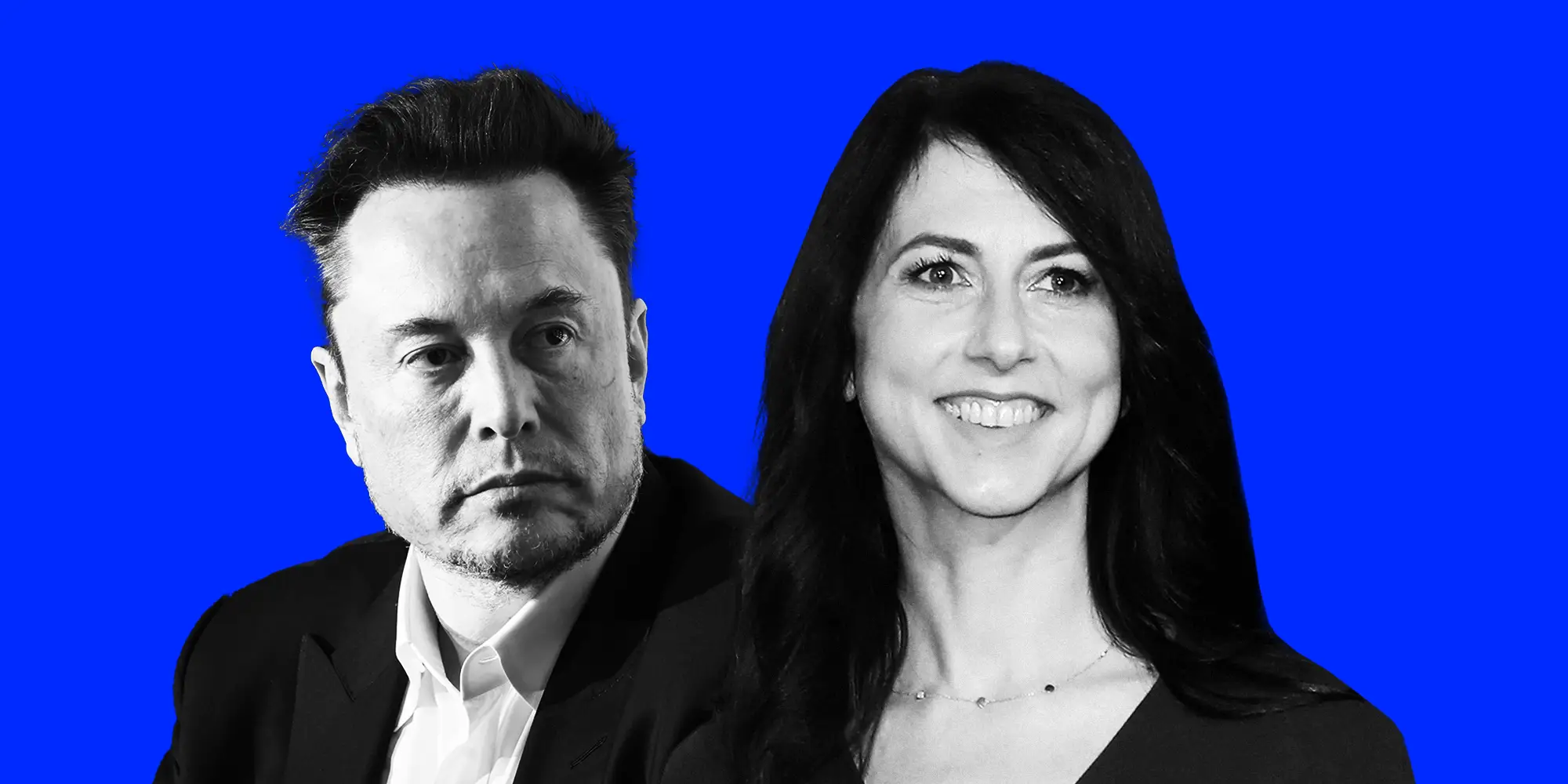 A graphic of Elon and MacKenzie Scott on a blue background