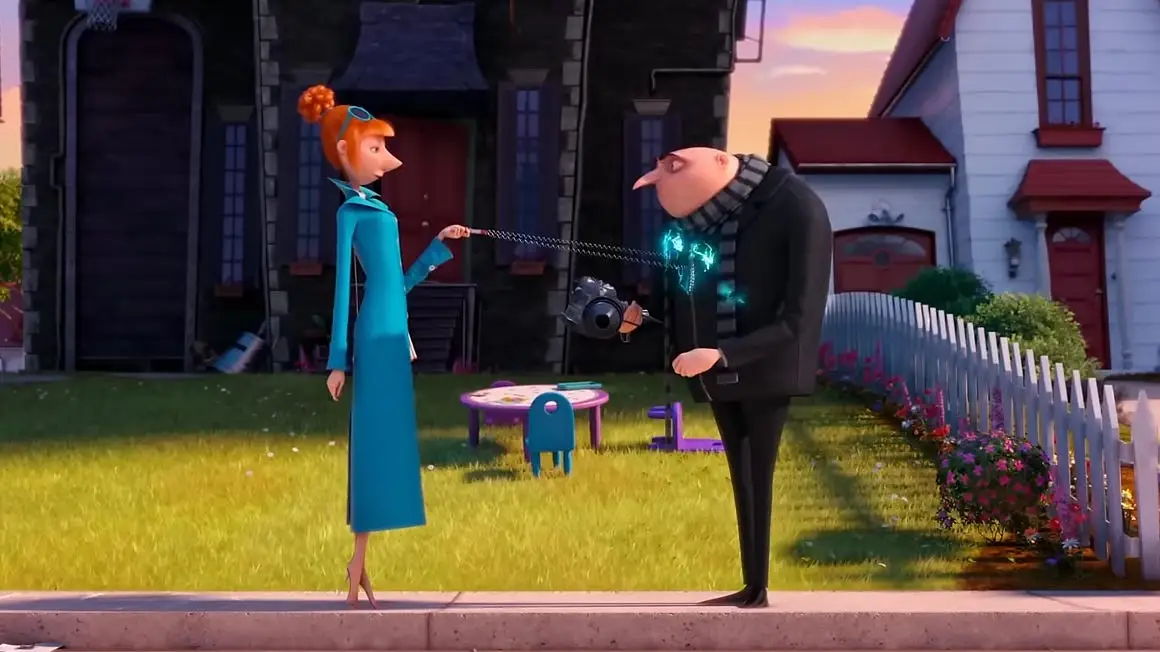 A screengrab of Lucy (Kristin Wiig) and Gru (Steve Carell) in 