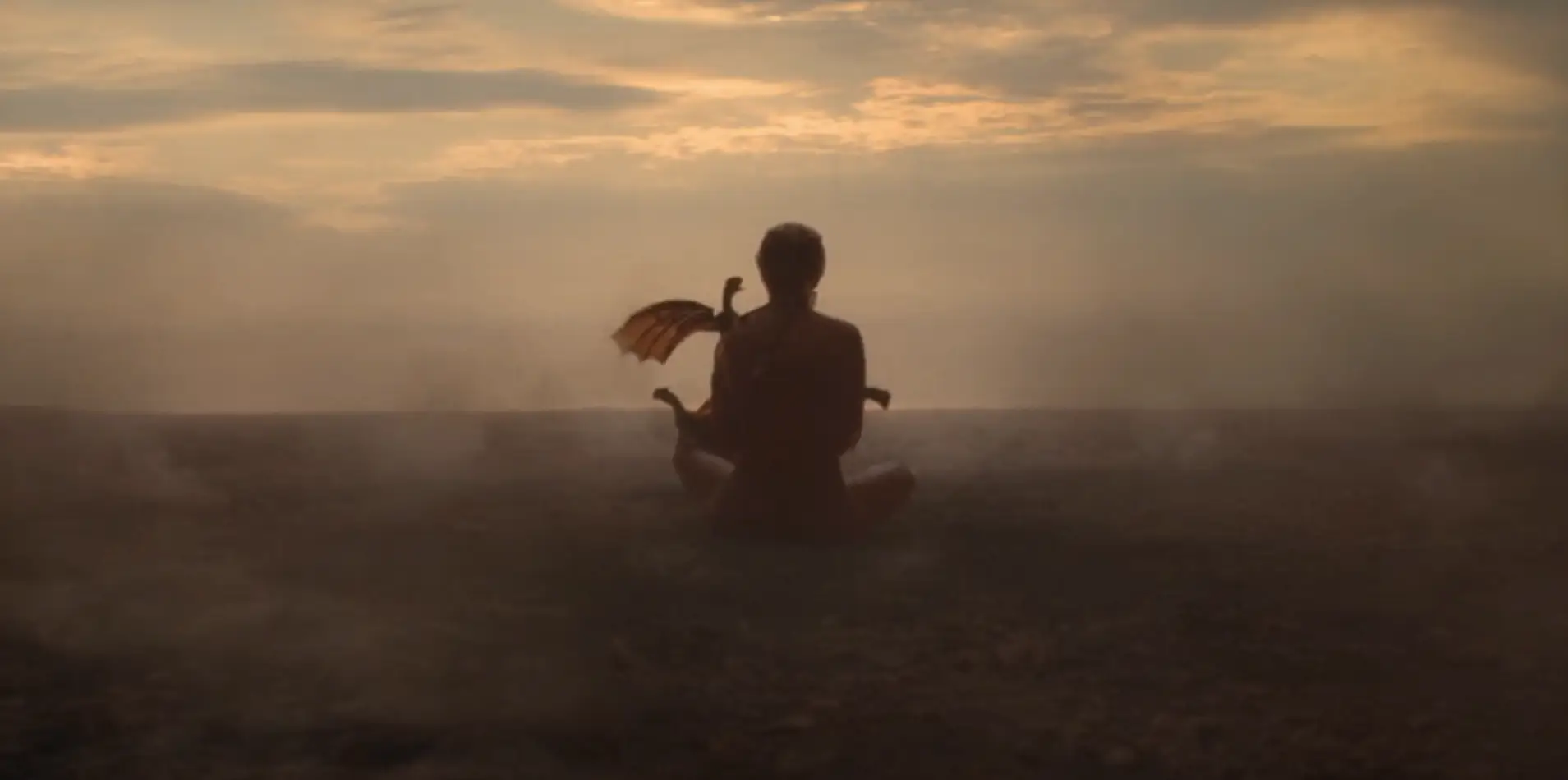 daenerys targaryen, seen fronm the back on a smoking plain. around her are three small dragons, drawling in her arms as she looks out towards an orange skyk