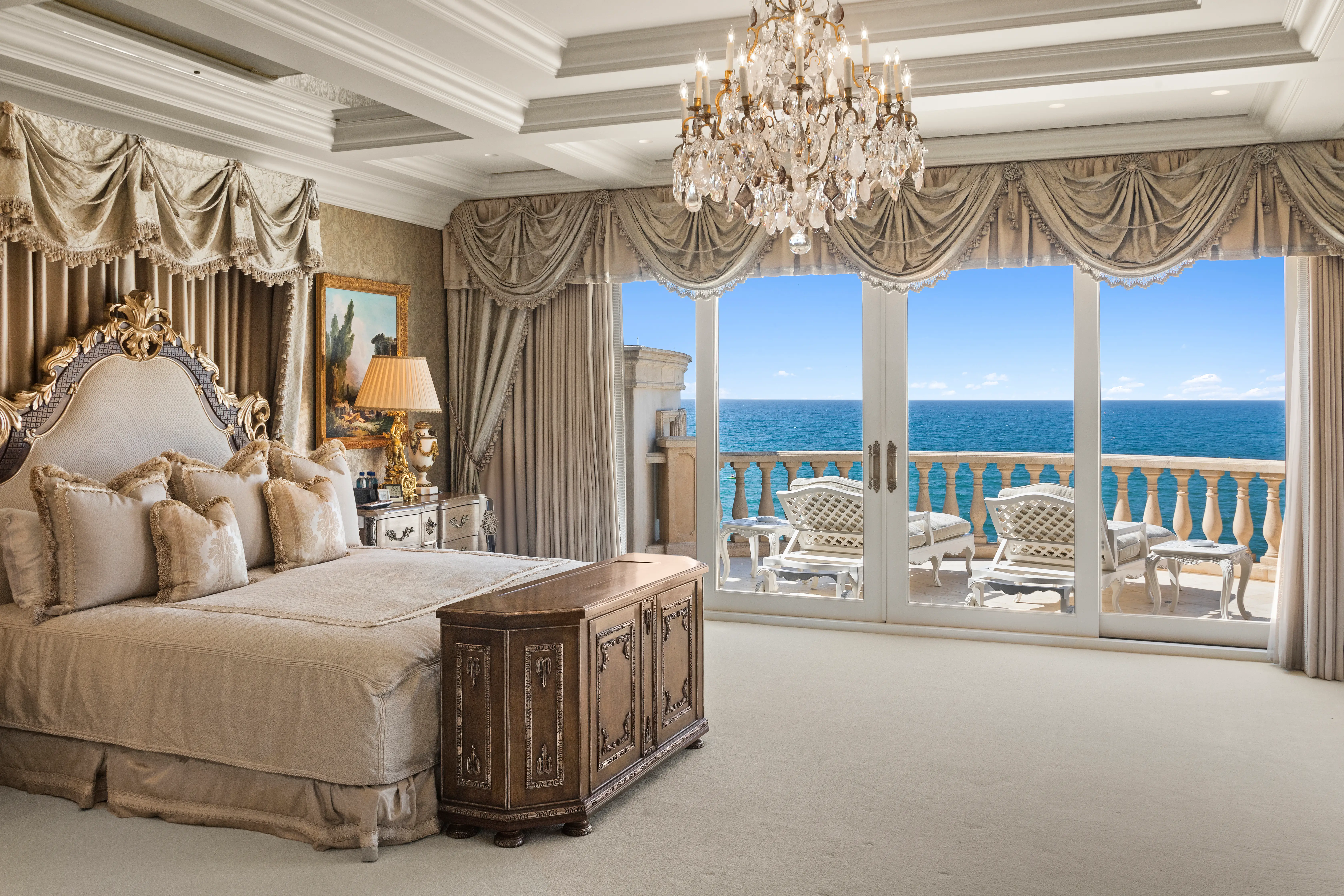 A bedroom in the Sand Castle mansion that overlooks the Pacific Ocean.