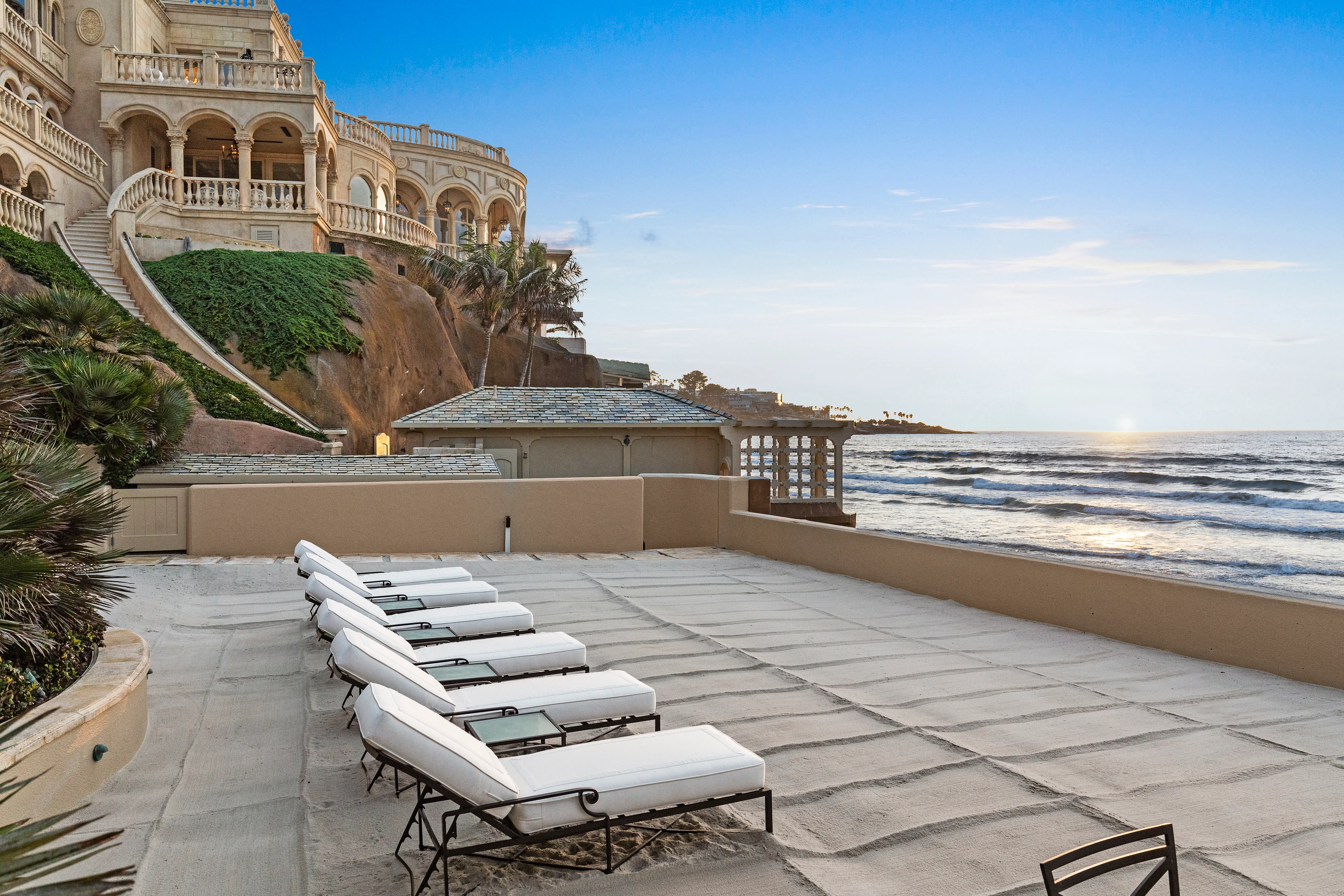 The Sand Castle mansion's beachfront patio terrace, which overlooks the ocean.
