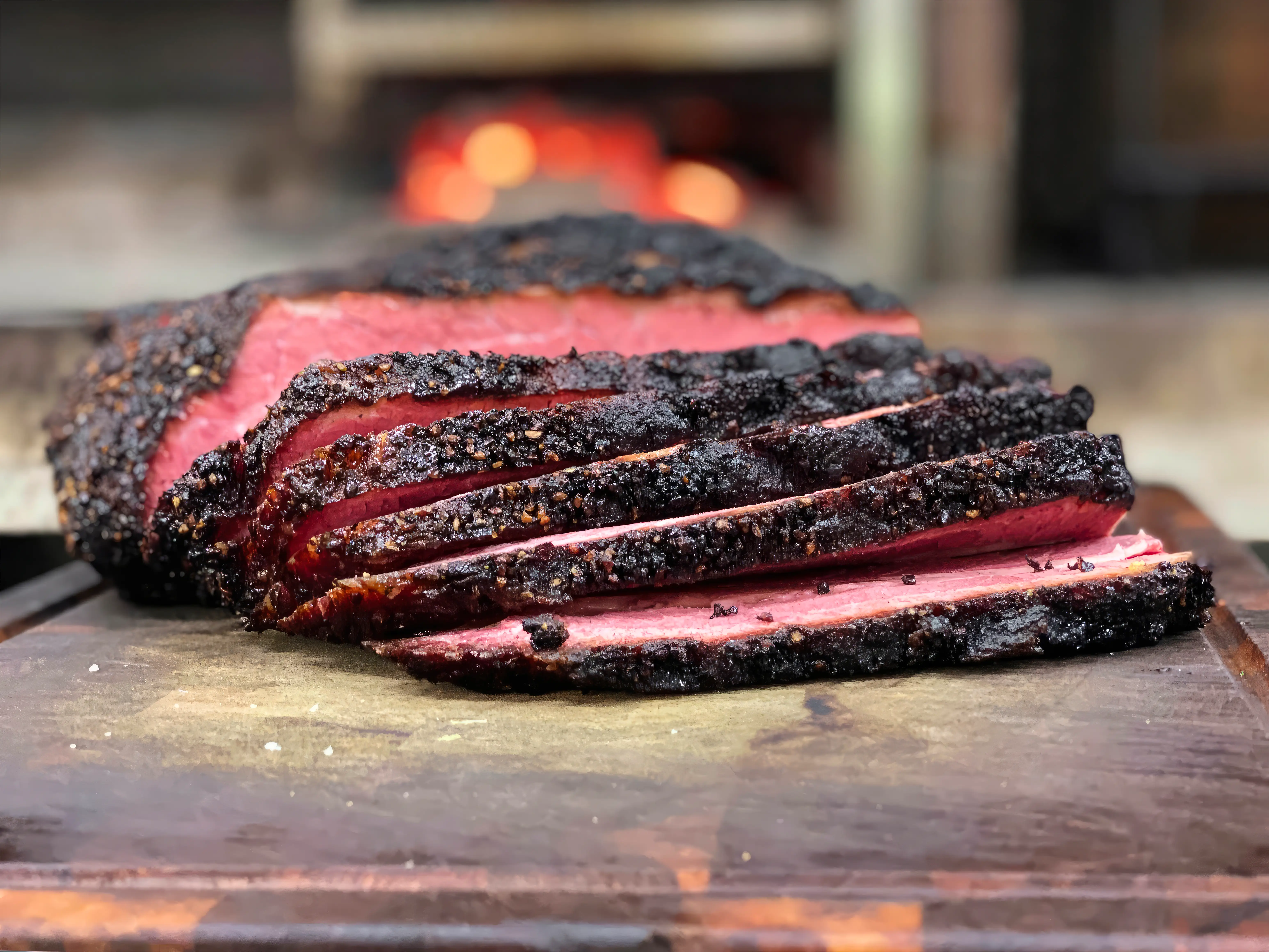 Sliced smoked pastrami on cutting board