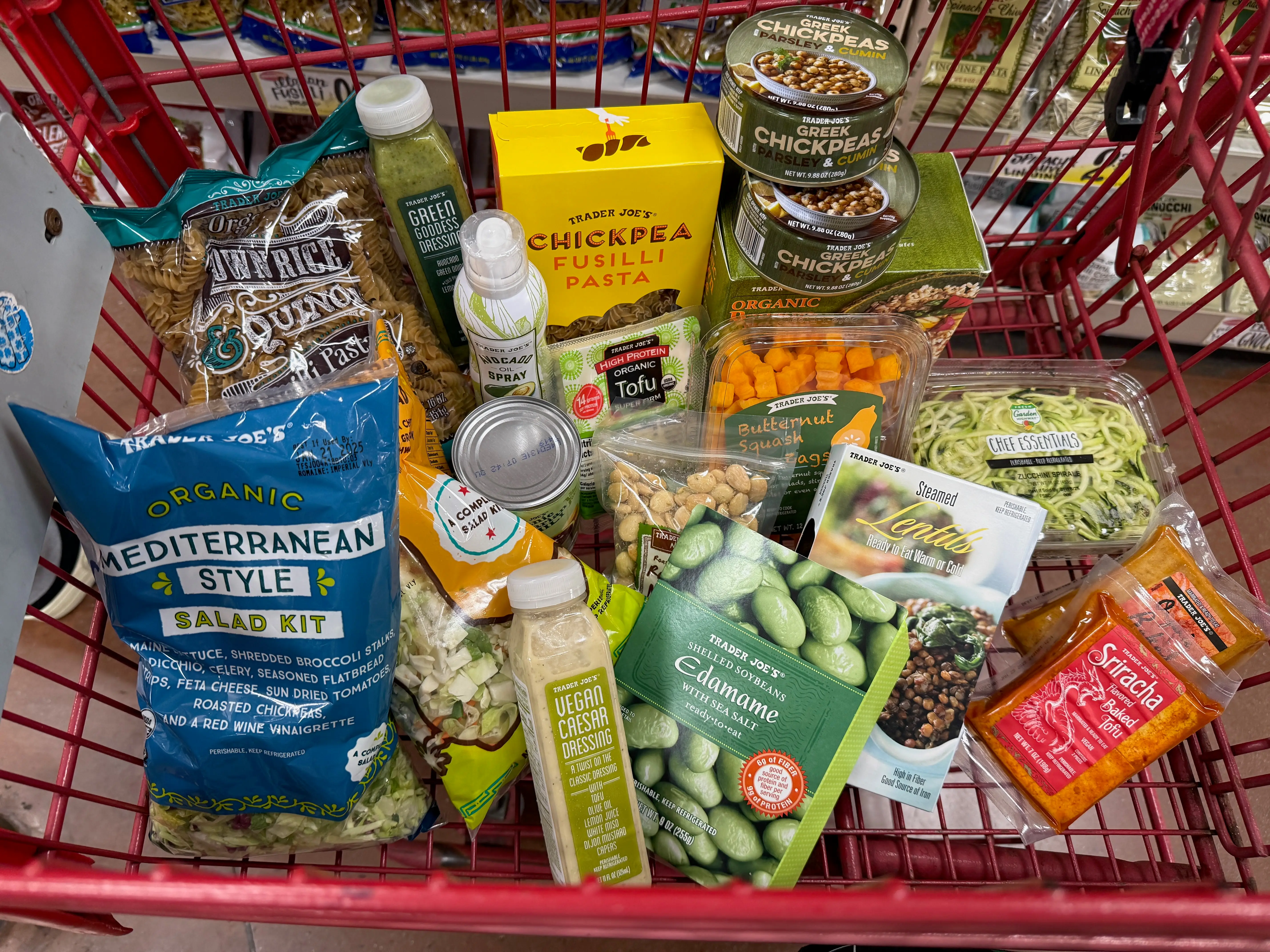trader joe's cart full of products