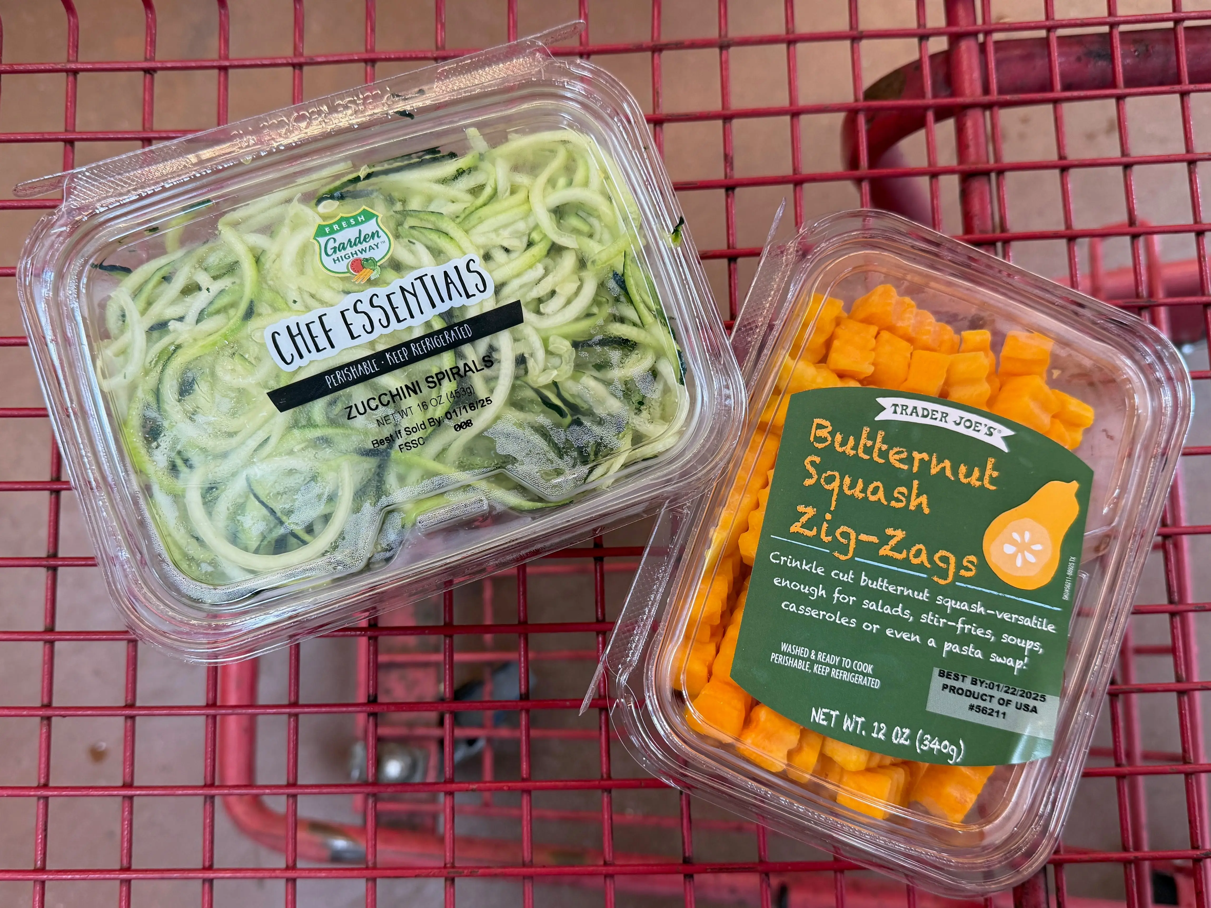 zucchini noodles and butternut squash zigzags in a cart at trader joe's