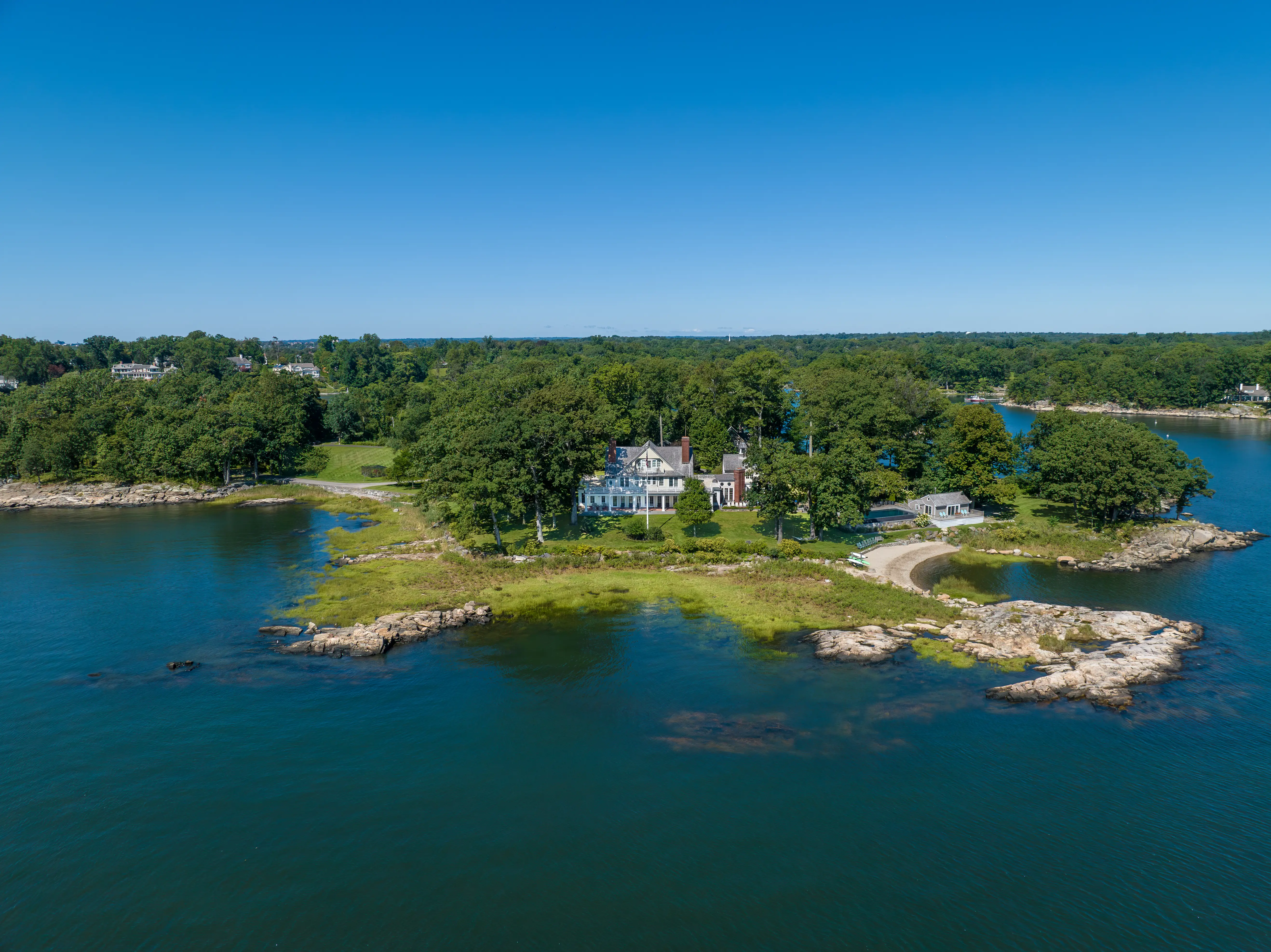 An aerial view of a private island in Connecticut.