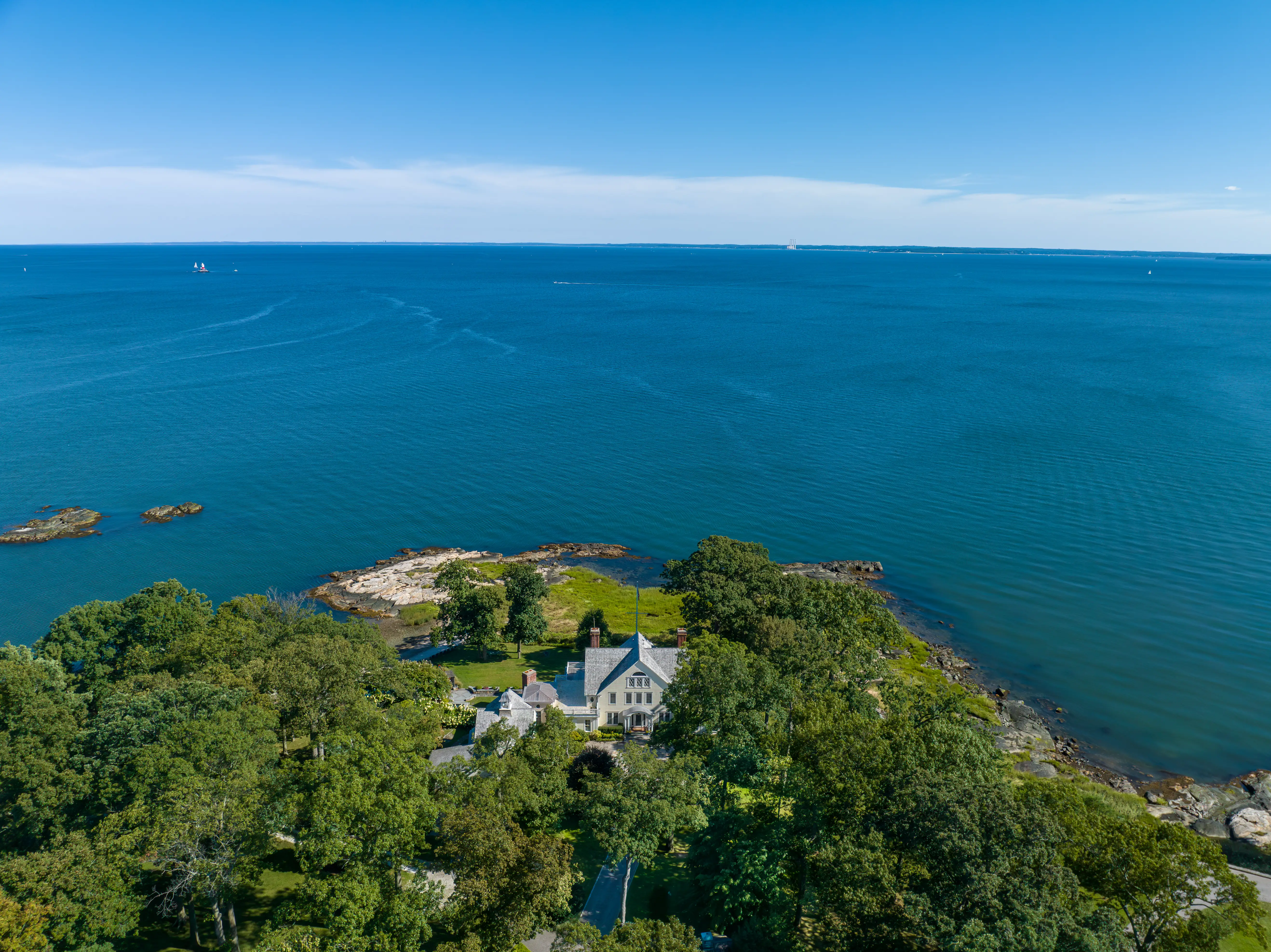 An aerial view of a private island in Connecticut.