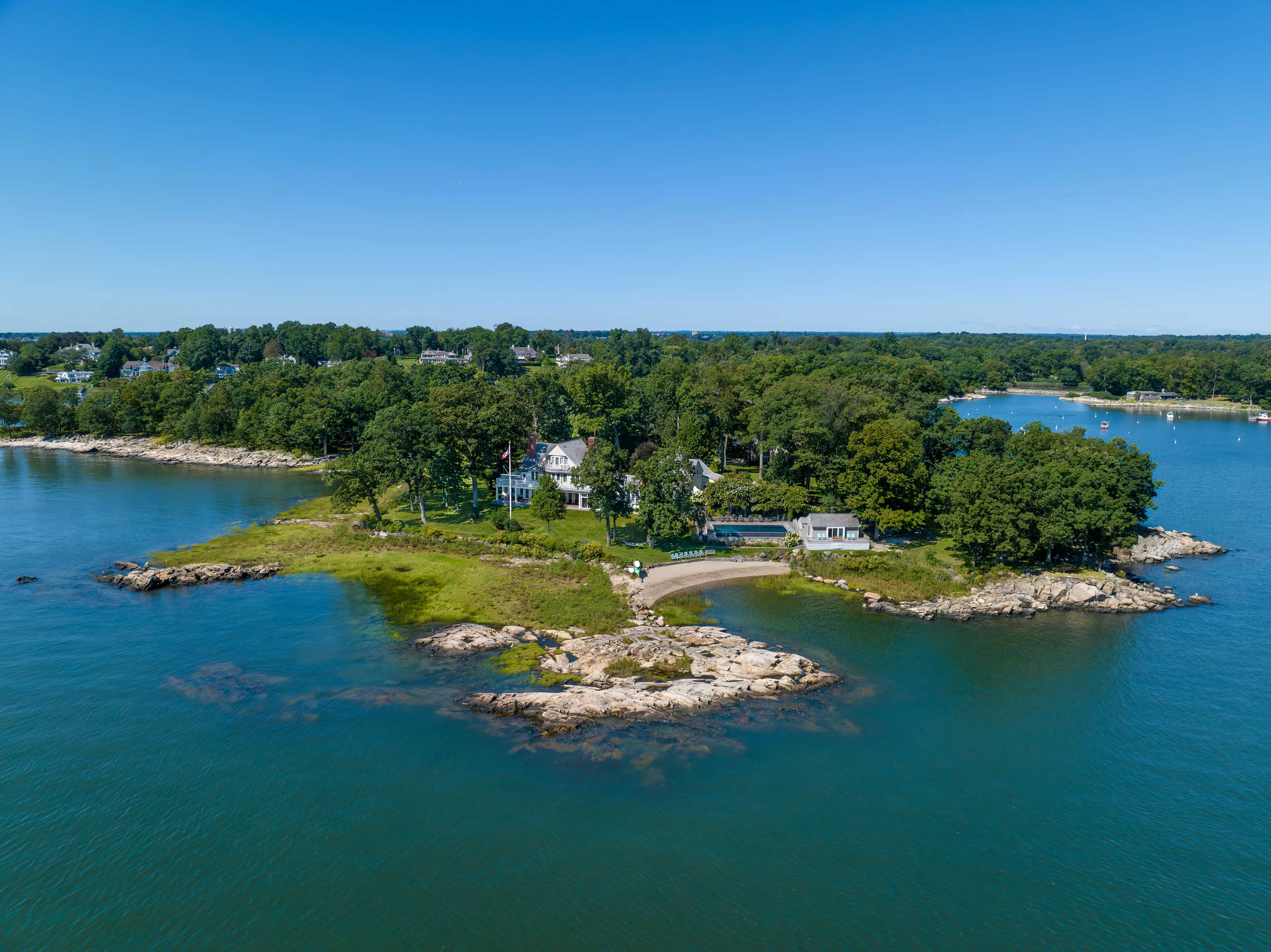 An aerial view of a private island in Connecticut.